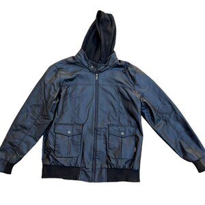 PHAT FARM Men's Black Faux Leather Hooded Motorcycle Bike Jacket L​​​​​​​